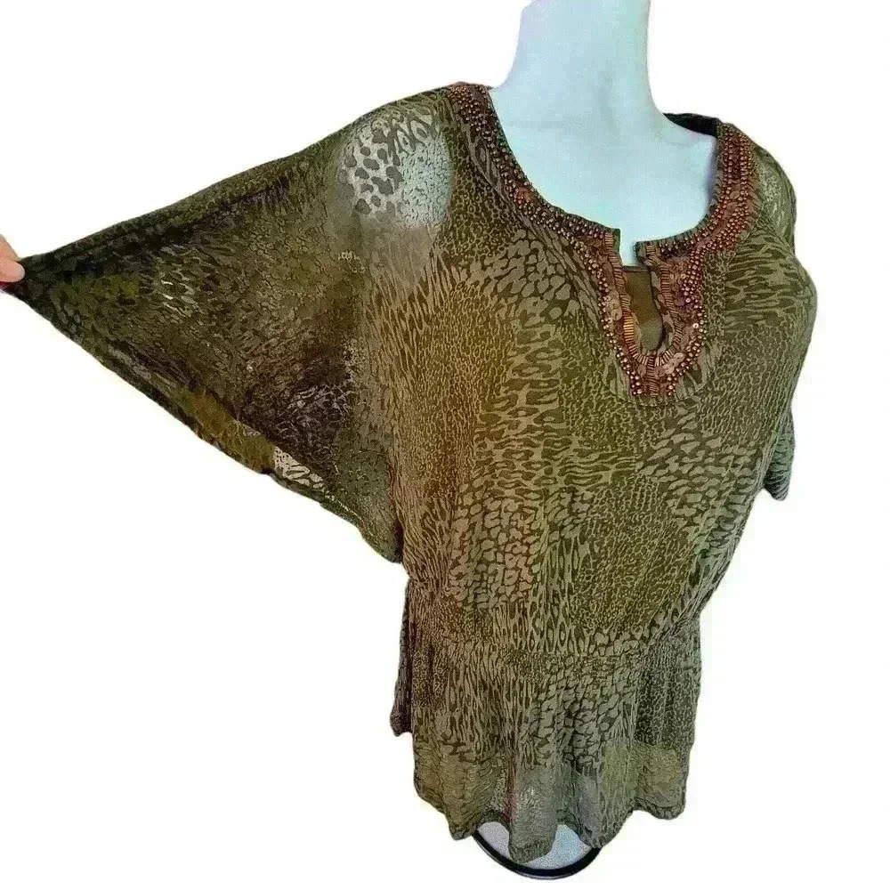 Alfani Sheer Blouse Top Olive Green Animal Print Beaded Neckline 2 Piece Size L - Picture 4 of 9